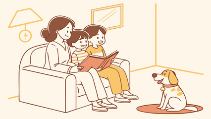 Family reading a book together with their pet dog in the living room.
