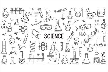 Science doodle icons vector set with chemistry biology and laboratory tools