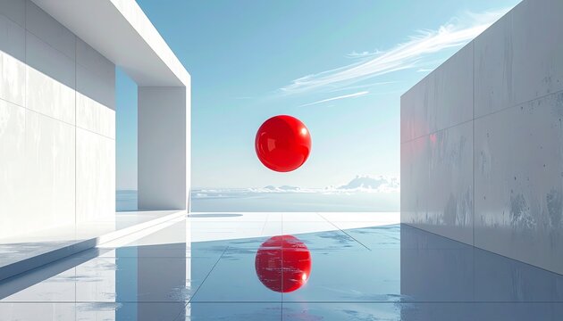 Surreal architectural scene with a red sphere floating above a reflective surface.