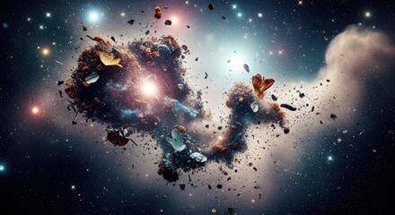 Naklejka premium A vibrant depiction of a cosmic explosion, showcasing celestial bodies and nebulae in a vast expanse.