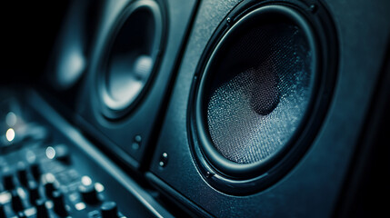Close up on a sleek, black speaker system, emphasizing its knobs and dual speaker design. 