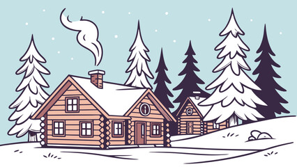 Fototapeta premium Cozy winter cabin nestled among snow covered evergreen trees.