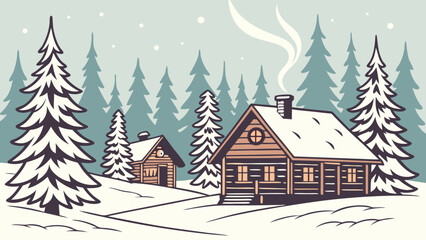 Obraz premium Cozy wooden cabins nestled in a snowy winter forest scene.