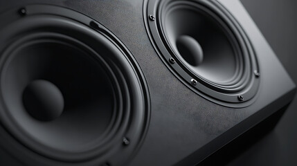 Close up on a sleek, black speaker system, emphasizing its knobs and dual speaker design. 