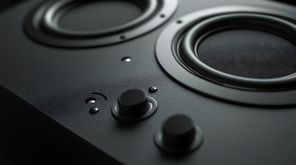 Close up on a sleek, black speaker system, emphasizing its knobs and dual speaker design. 