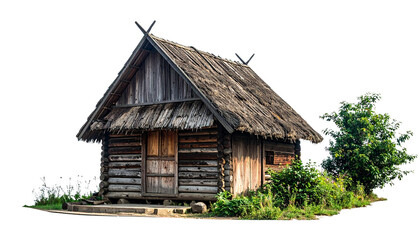 Obraz premium An old, traditional wooden cottage with a thatched roof stands in a rural village surrounded by green grass on white background