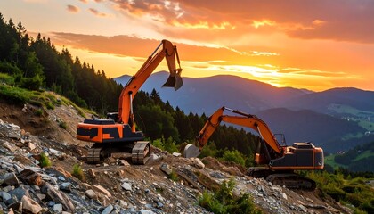Excavator Machines Digging Mountainside.
