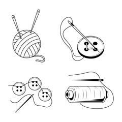 Set Abstract Doodle Elements Hand Drawn Outline Needle With Spool Of Thread Sketch Vector Design Style Isolated On White Background Illustration For Knitting, Embroidery, Sewing 