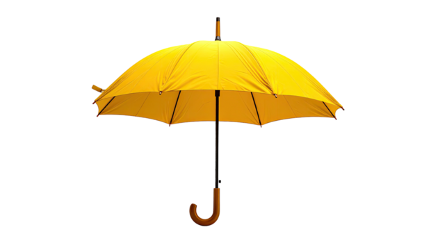 A bright yellow umbrella against a black background.  The umbrella's canopy is fully opened, showcasing its ribs, and the handle is visible