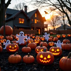 Obraz premium Halloween festival image with jack-o'-lanterns, pumpkins and spooky elements.