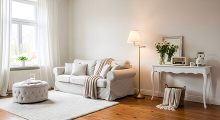 A bright and airy living room with a comfortable sofa, ottoman, and elegant console table.