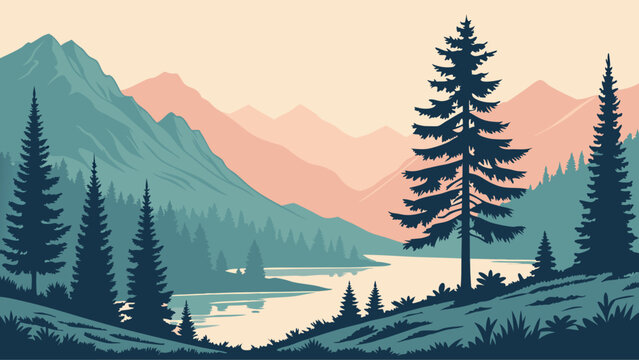 Majestic Pine Trees Silhouette Against a Serene Mountain Lake Landscape.