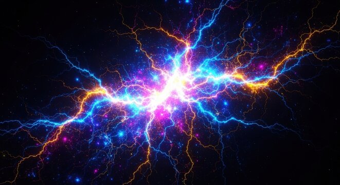 Abstract depiction of a vibrant energy burst with electric blue, purple, and orange lightning bolts.