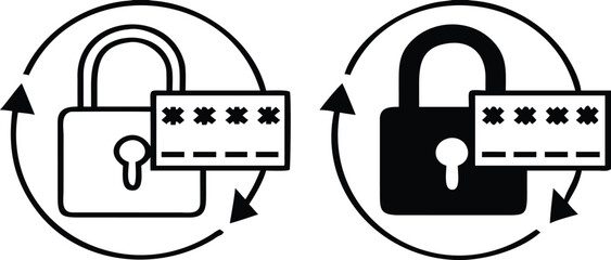 Change Password Icons. Black and White Vector Illustration. Padlock and Hidden Code. User Action to Protect Your Account. Password and Data Security Concept

