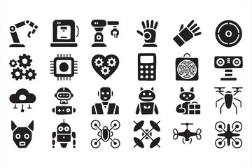 Robotics vector design set with futuristic AI humanoid bots and circuit symbols