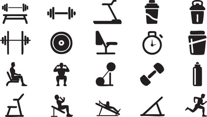 Fototapeta premium Vector gym symbols set including stopwatch workout equipment and health supplements