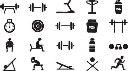 Sports fitness vector icons set with bodybuilding supplements cardio and training gear
