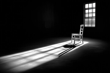 Illumination Through The Shadows: A solitary chair stands bathed in a beam of light streaming from a window, in a captivating high-contrast black and white image symbolizing introspection, isolation.