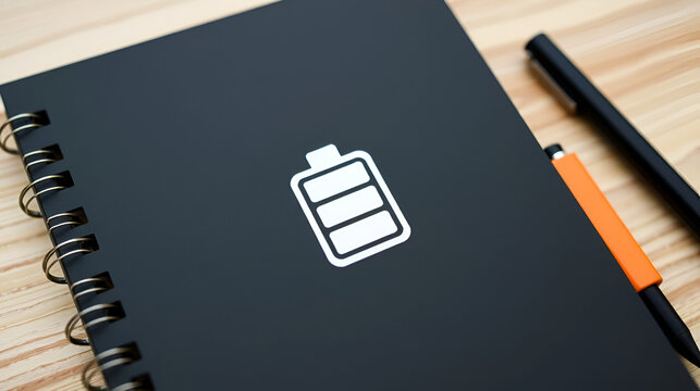 Black notebook with a white battery icon indicating low power or energy level on its cover symbolizing depleted productivity or ideas