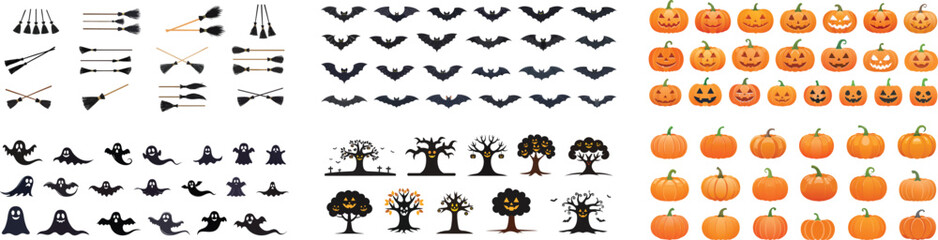 Halloween Collection of Elements: Diverse array of Halloween icons, including pumpkins, bats, trees, ghost, witch, broom, and tombstones, perfect for festive design project.