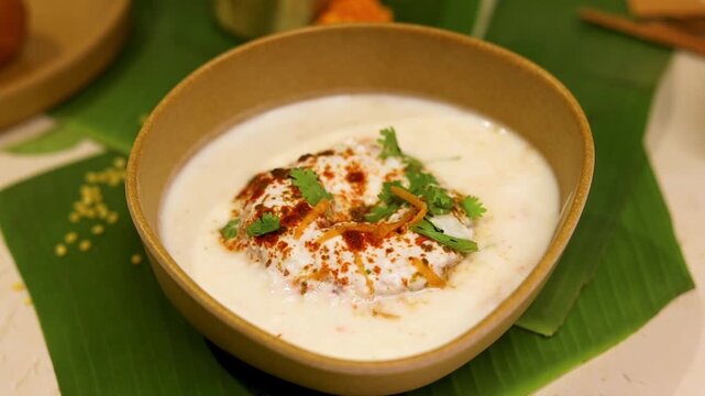 Indian Chaat Dahi Bhalle with Curd and Sweet Sauce on banana leaf with indian backdrop