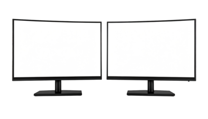 Two identical curved monitor screens, black bezel, white blank displays