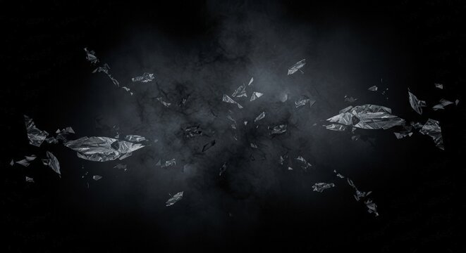 Abstract depiction of shattered fragments and debris suspended in a dark, smoky void.
