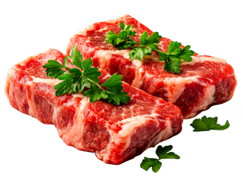 Fresh raw marbled beef steaks adorned with vibrant parsley sprigs 