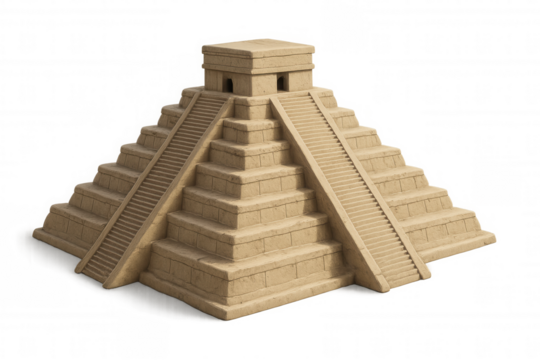 3d rendering of an ancient mayan pyramid showcasing intricate stonework and steep stairs, set against a transparent background