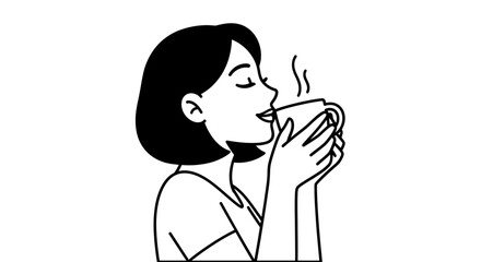 Woman enjoying a warm beverage.