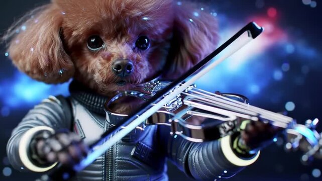 puppy playing with a guitar