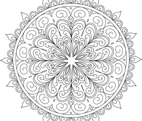 Black-and-white mandala with floral, leaf, and swirl motifs in symmetrical circular layout for decorative and meditative vector design