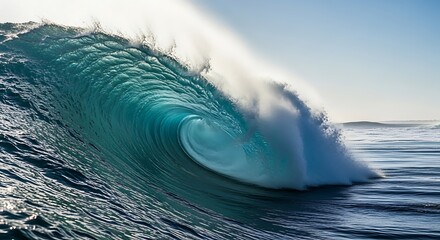 Powerful ocean wave, turquoise blue, forms a dramatic, swirling vortex against a serene, bright sky.