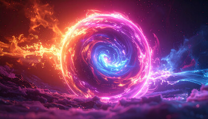Obraz premium Vibrant energy orb swirling with fiery and cool colors, glowing in sci fi inspired cosmic landscape, radiating light and dynamic motion, evoking awe and wonder