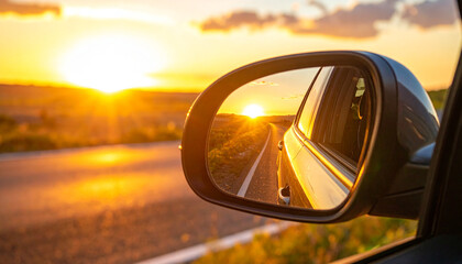 Car side mirror reflecting golden sunset over open road, warm light and peaceful atmosphere, perfect for inspirational travel and adventure marketing concepts
