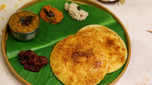 Uthappam or uttapam a type of dosa from South India which is thicker, with tomato, onion and chilli toppings