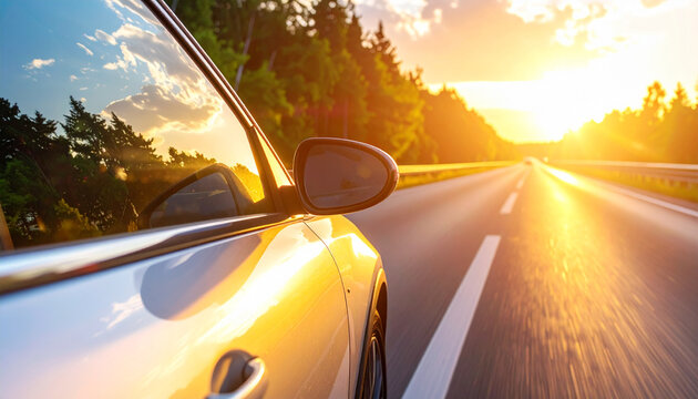 Car driving on open highway golden sunlight reflecting in side mirror summer road trip adventure freedom nature travel relaxation scenic landscape joyful experience