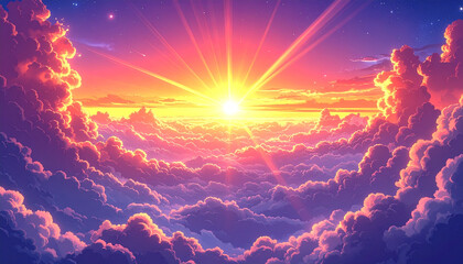 Fototapeta premium Vibrant sunset above clouds with magical light beams, epic celestial landscape, dreamy sky, glowing sun, colorful atmosphere, peaceful and inspiring mood