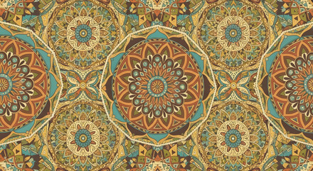 Seamless decorative pattern featuring intricate ethnic mandalas in warm earthy tones for textile design