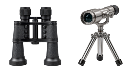 High-Quality Binoculars and Telescope Isolated on Transparent Background