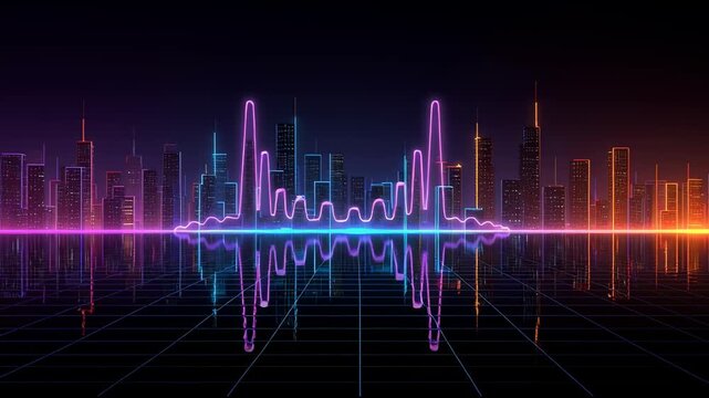 Audio-Visual Metropolis: A vibrant cityscape silhouette, resonating with a neon wave.  Capturing an abstract fusion of sound and city life.