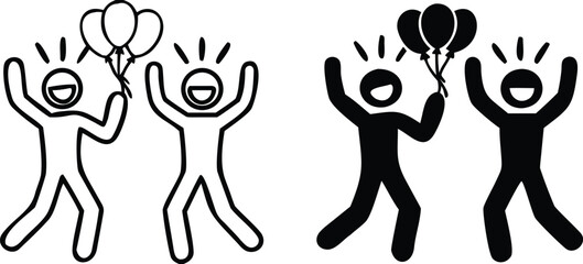 Celebration Icons. Black and White Vector Illustrations. Two People Smiling and Dancing with Balloons. Party, Congratulations on the Important Event. Reward Concept

