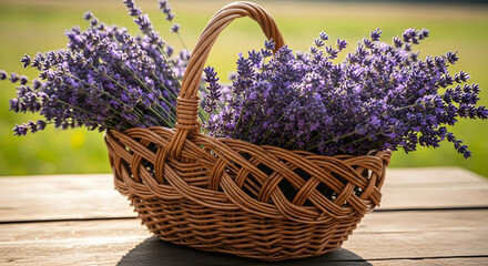 Rustic wicker basket brimming with vibrant fresh lavender flowers, captured in soft natural daylight, evoking summer serenity and a peaceful ambiance