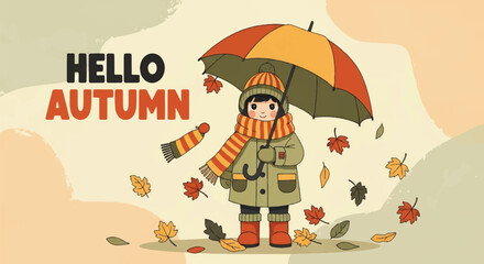 Adobe illustrator artwork vector illustration of a cute kid in autumn attire holding an umbrella, surrounded by falling leaves. Perfect for seasonal designs