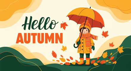 Adobe illustrator artwork vector illustration of a cute kid in autumn attire holding an umbrella, surrounded by falling leaves. Perfect for seasonal designs