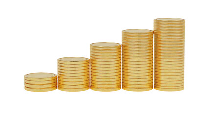 Golden coins stacked in increasing order against black background depicting growth and investment