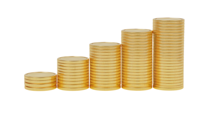 Golden coins stacked in increasing order against black background depicting growth and investment