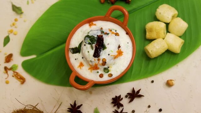 Homemade Curd Rice with pomegranate, cilantro, ginger on a black background. Top view. Traditional Indian South cuisine