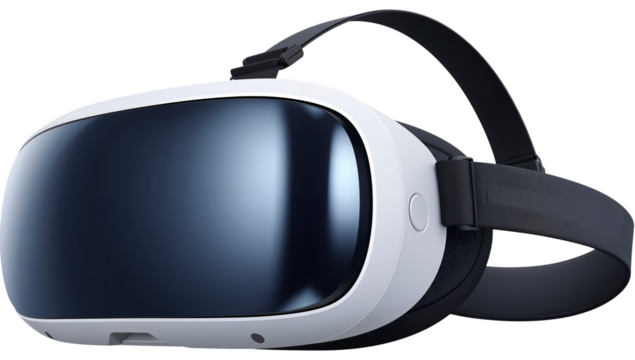 Close-up shot of sleek white virtual reality headset against black background offering immersive