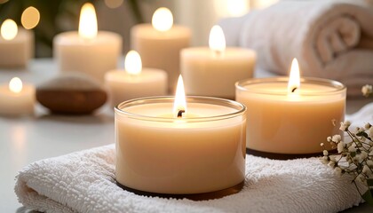 Warm glow from various candles illuminates a spa-like setting, with soft towels and gentle background bokeh